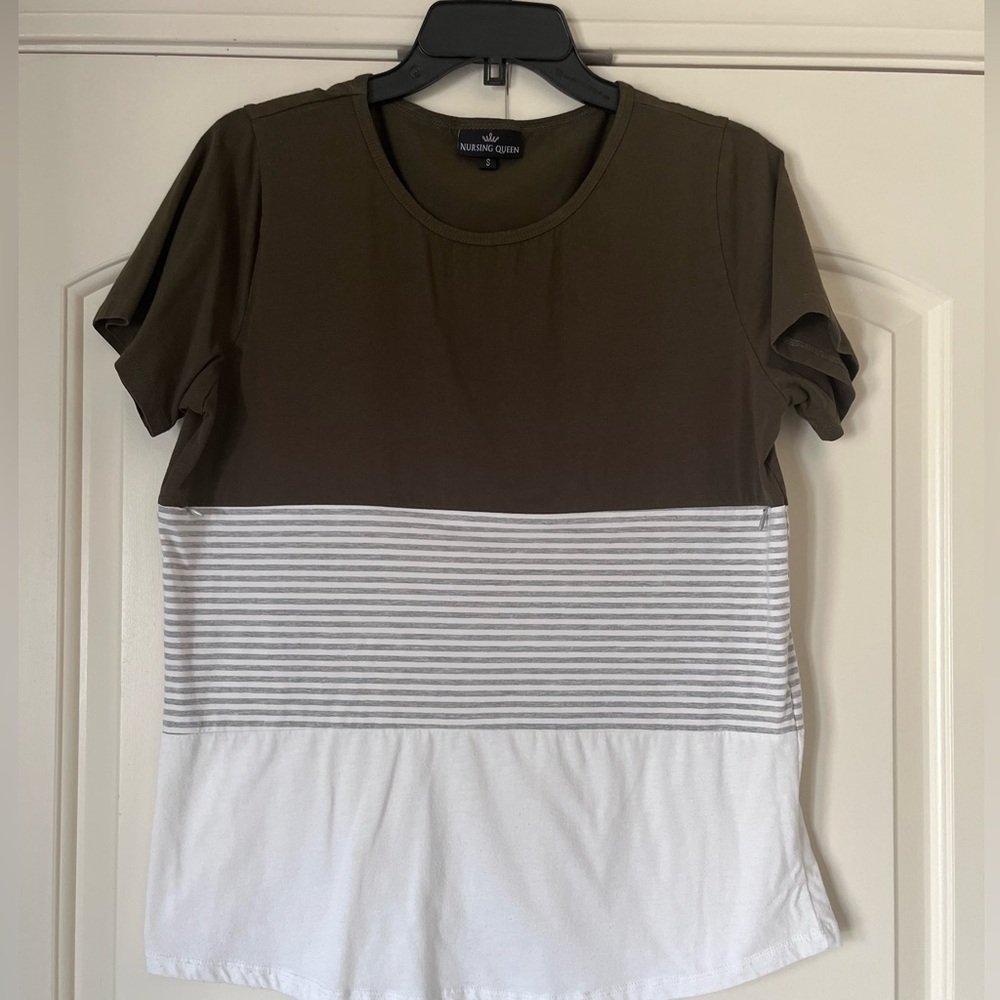 Nursing Queen Two-Tone Stripe Nursing Top - Olive & White